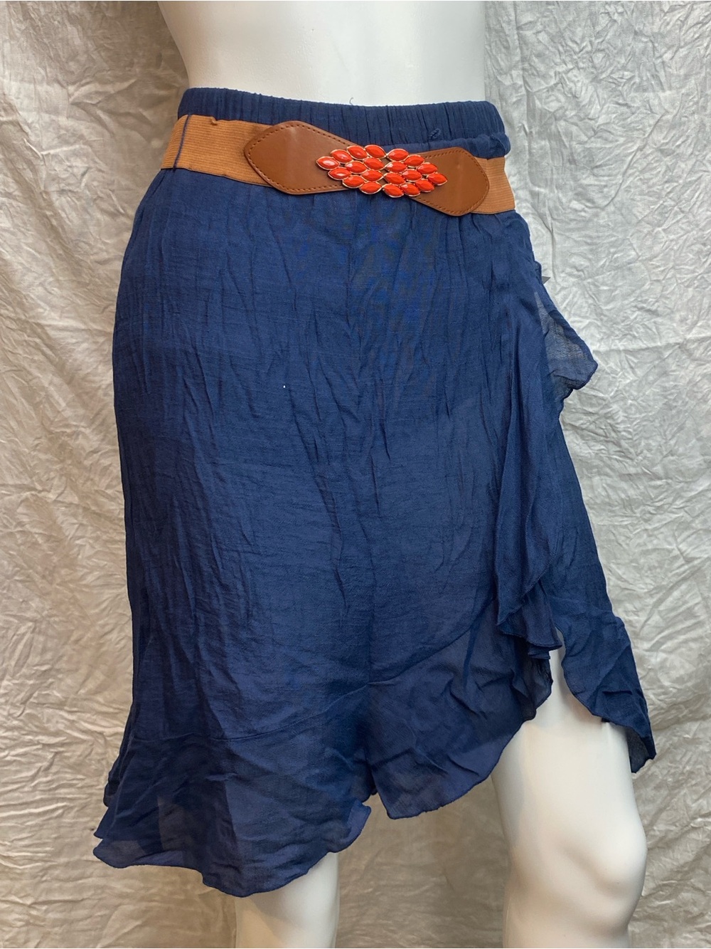 Vintage 90s IZ Byer Navy Blue Ruffle Wrap Skirt with Brown Belt